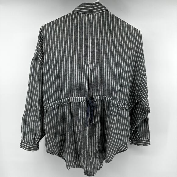 Free People Striped Linen Button Down Shirt Tunic Tie Waist Chest Pocket Gray XS - Picture 5 of 5